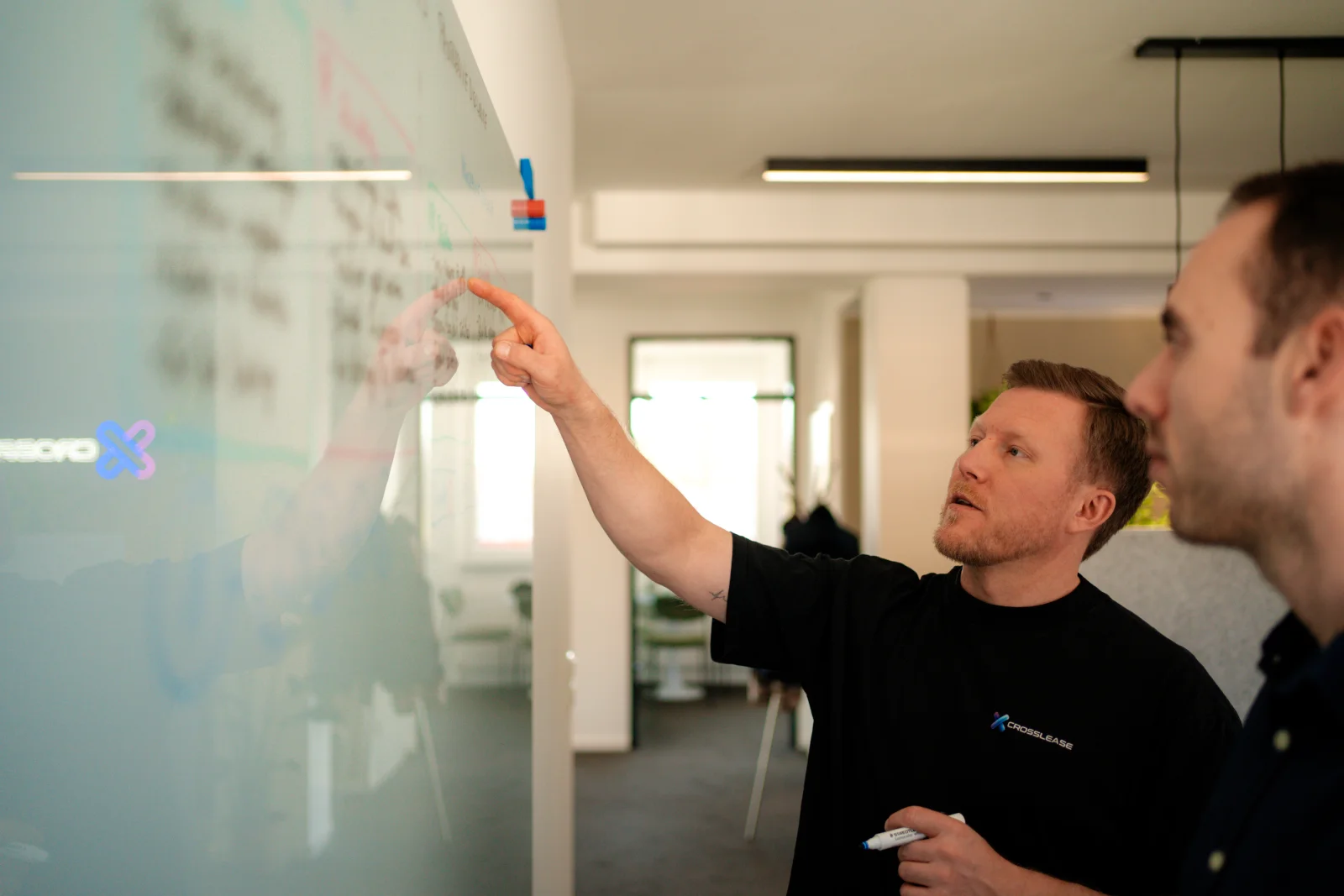 CrossLease Beratung in der Praxis: Strategie-Session am Glassboard im Büro